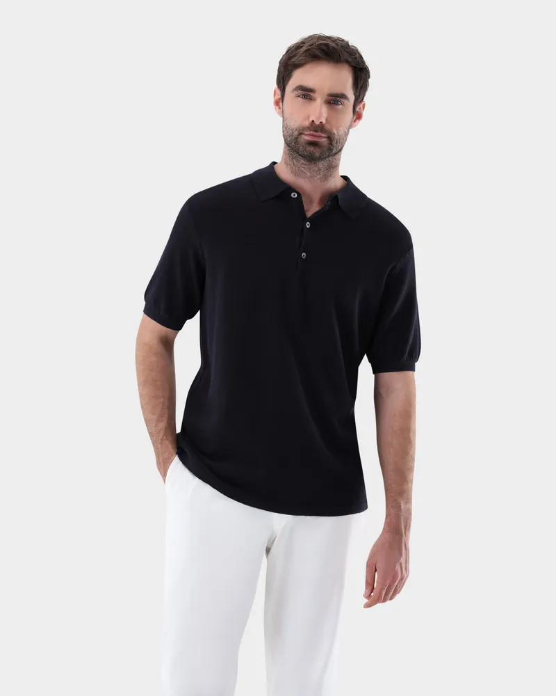 van Laack Strick-Poloshirt mit Reiskorn Optik Blau