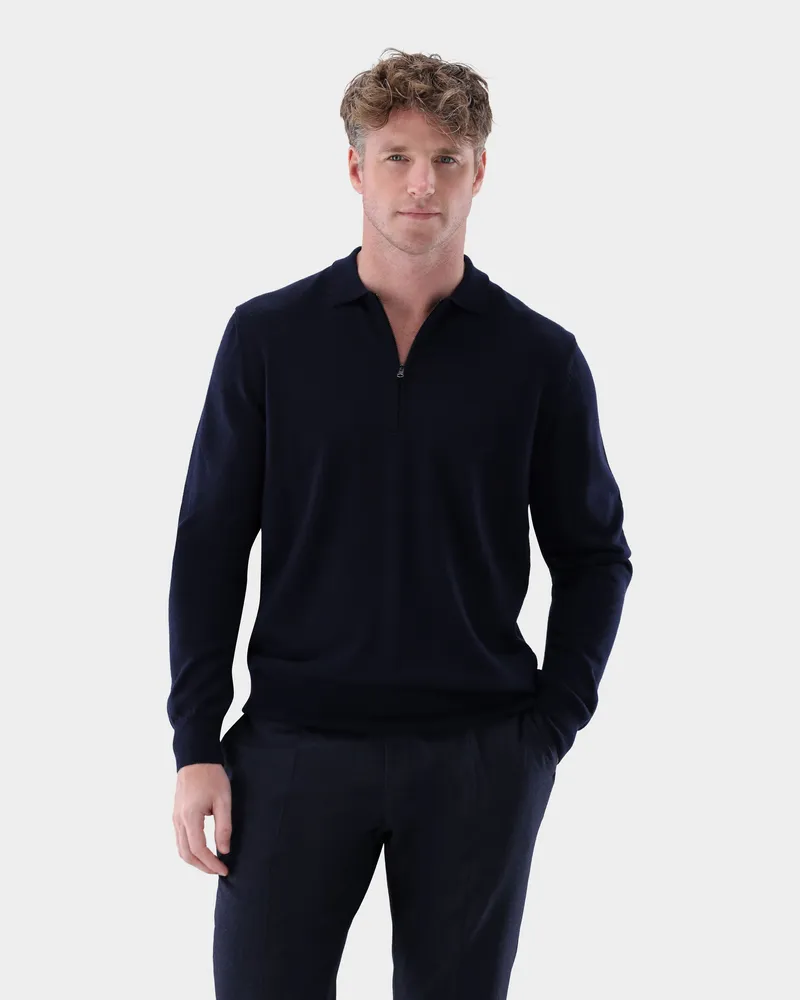 van Laack Poloshirt Langarm mit Reißverschluss aus merzerisierte Wolle Blau