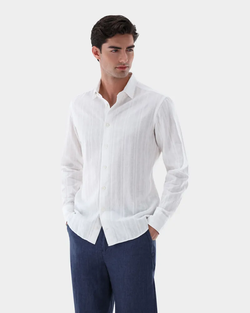 van Laack Hemd aus Baumwolle und Leinen mit Ajoure Streifen Weiß