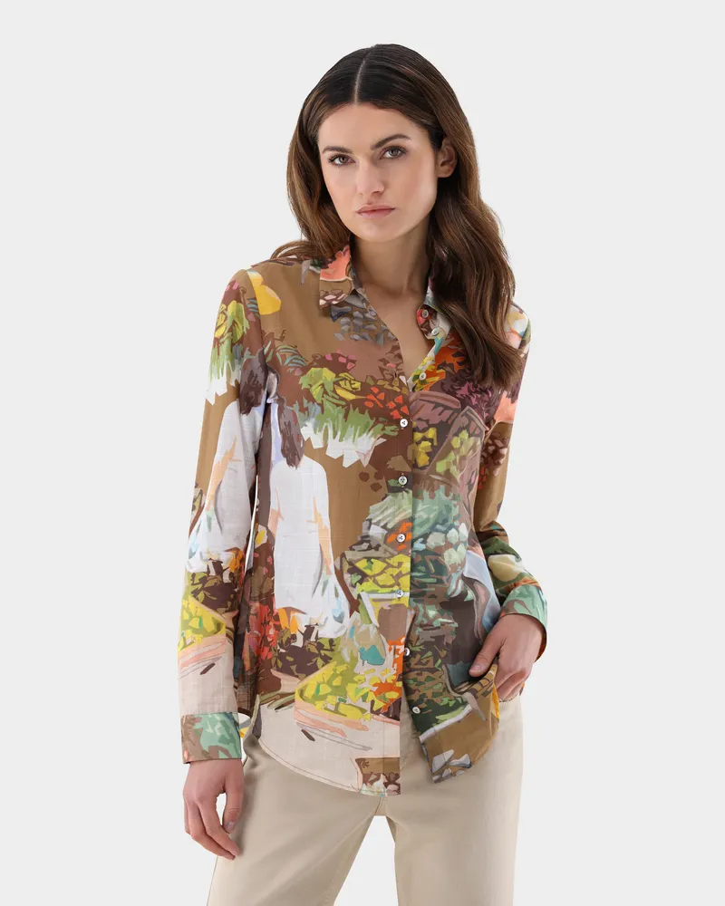 van Laack Taillierte Hemdbluse mit Druck Beige