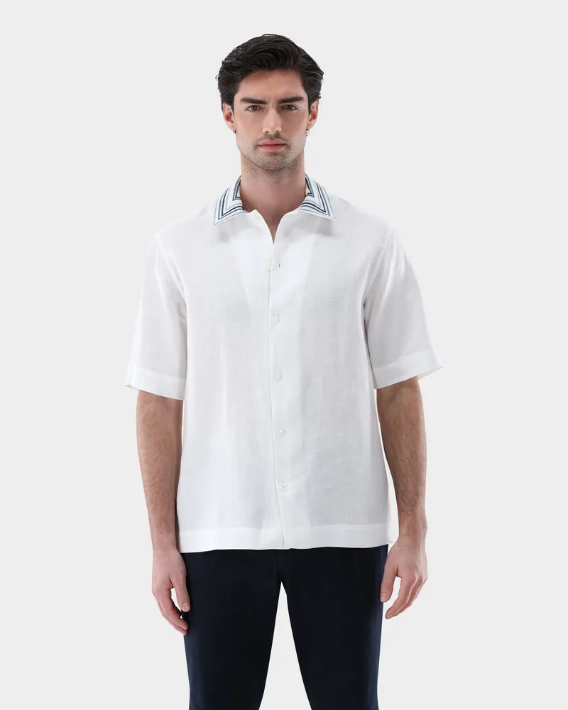 van Laack Kurzarmhemd mit Häkel-Kragen aus Leinen Cremefarben