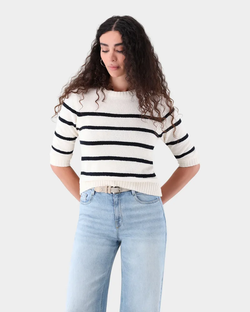 van Laack Gestreifter Pullover aus Bouclé-Strick Cremefarben