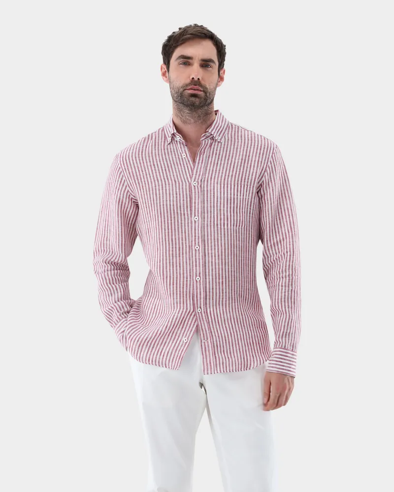 van Laack Leinenhemd gestreift mit Button Down Tailor Fit Rot