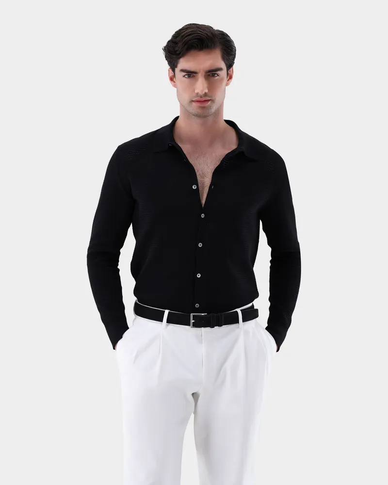 van Laack Strickhemd mit Retro Struktur aus Air Cotton Schwarz