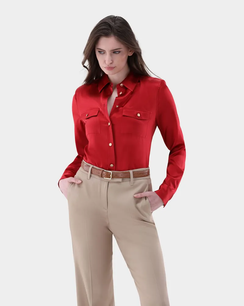 van Laack Taillierte Hemdbluse aus Seide mit Brusttaschen Rot