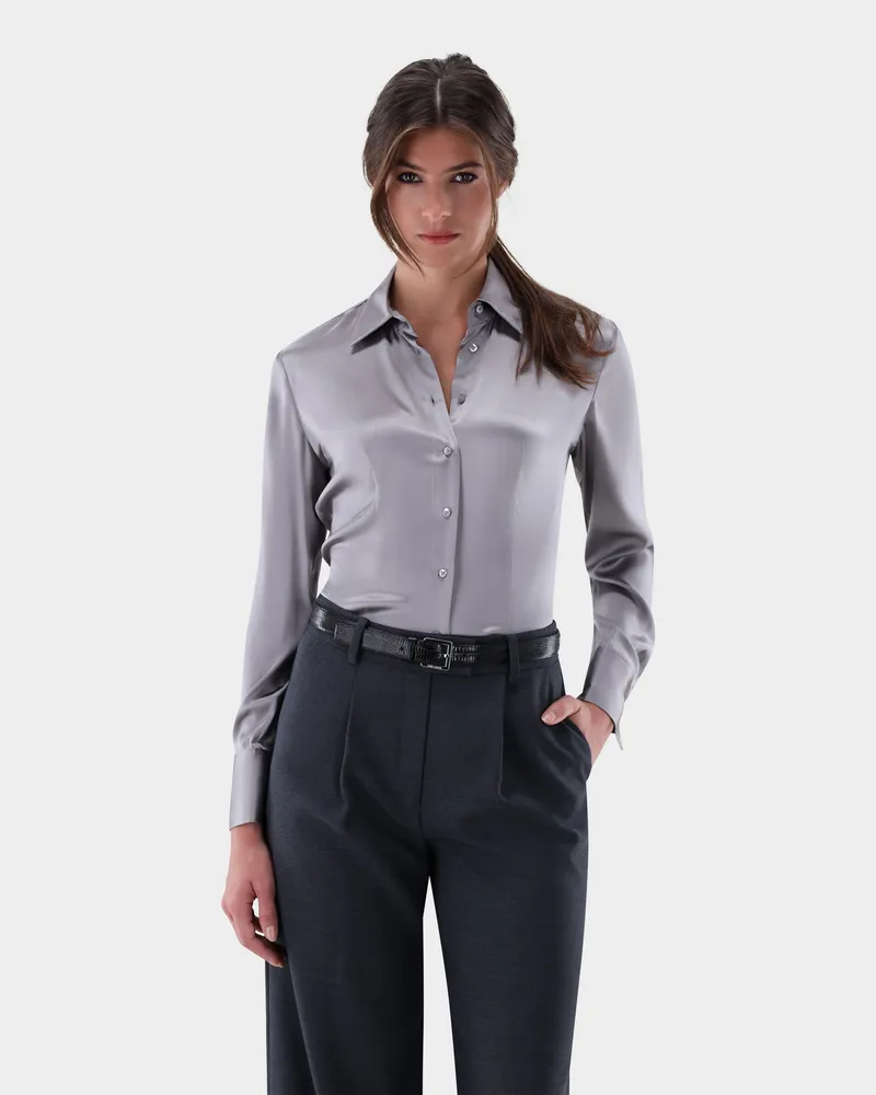 van Laack Hemdbluse tailliert aus Seidensatin-Stretch Grau