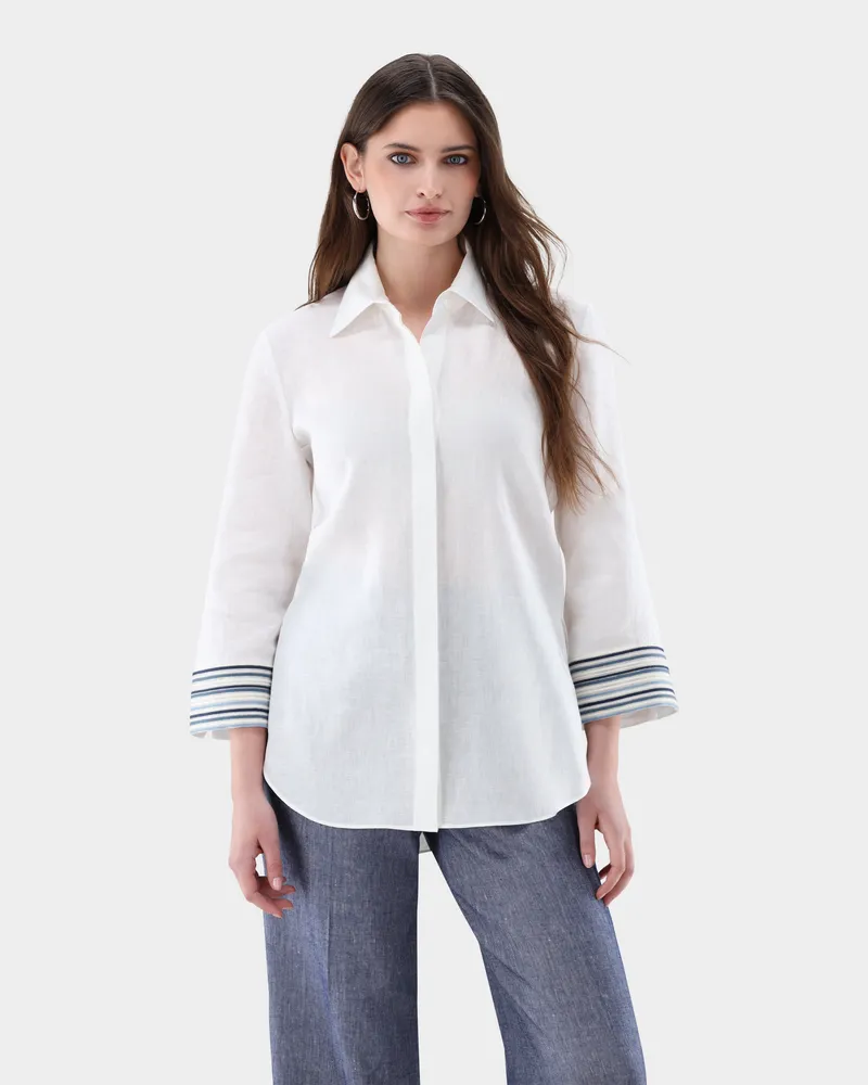 van Laack Regular Fit Leinenbluse mit bestickten Manschetten Cremefarben