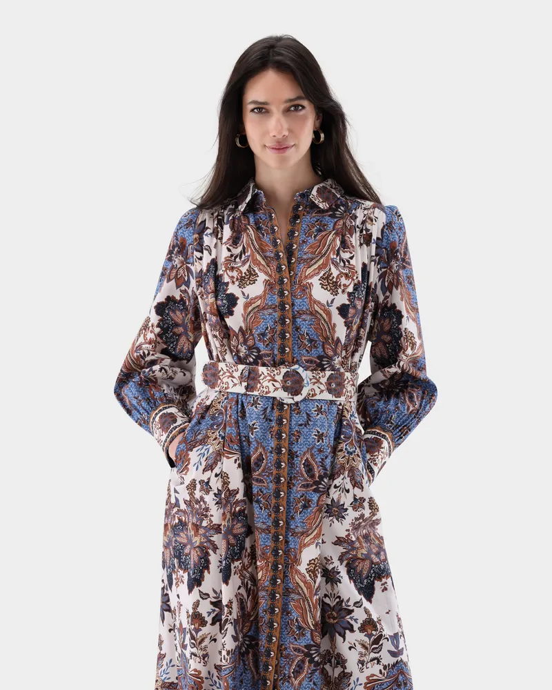 van Laack Midikleid mit platziertem Boho-Print Cremefarben