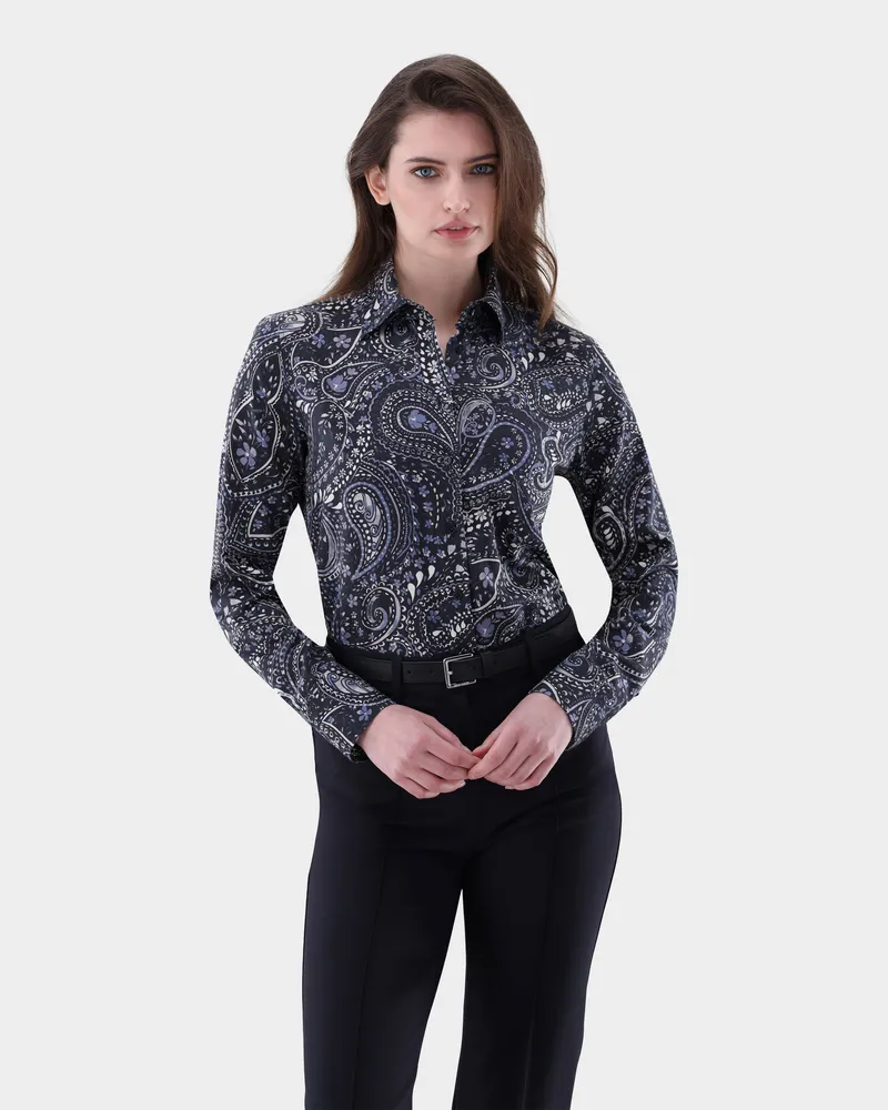 van Laack Hemdbluse tailliert mit Paisley Druck Blau