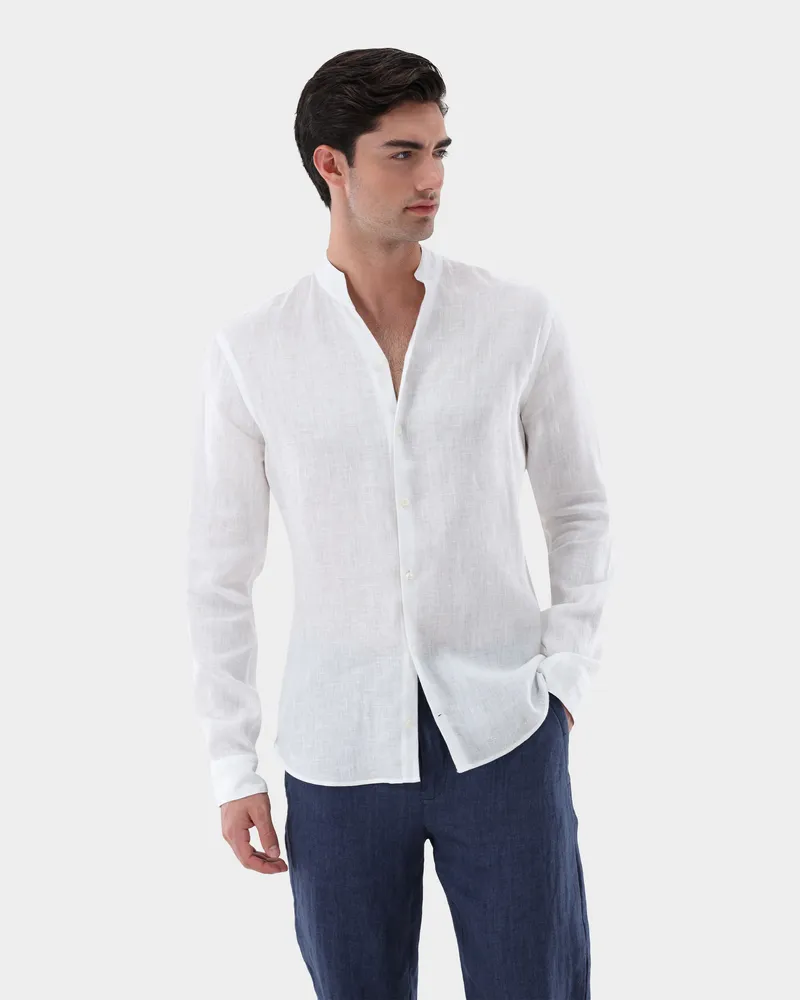 van Laack Leinenhemd mit Stehkragen Weiß