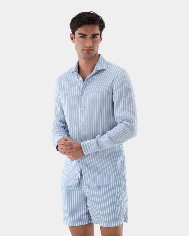 van Laack Hemd gestreift aus Tencel und Leinen Blau