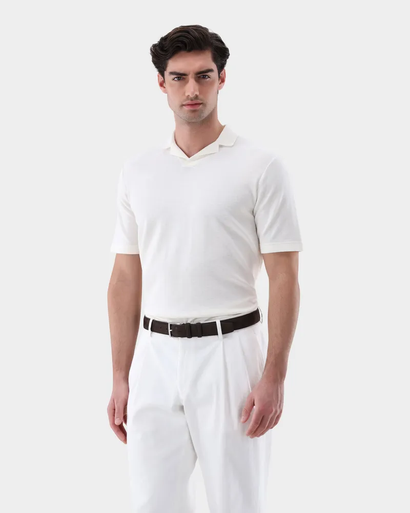 van Laack V-Neck-Polo mit Revers und Seide Cremefarben