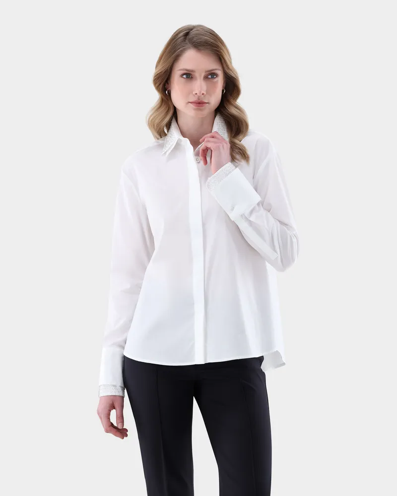 van Laack Hemdbluse mit Perlen an Kragen und Manschetten Weiß