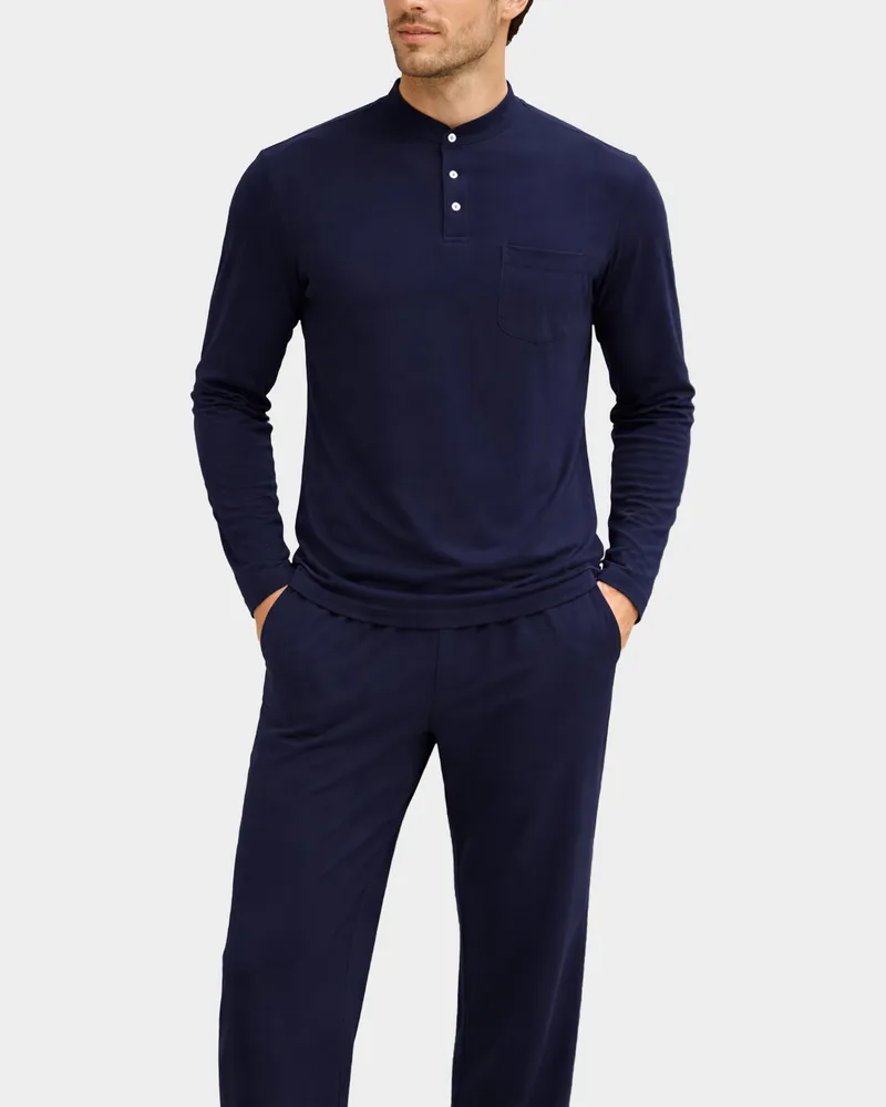 van Laack Langarm Jersey Schlafanzug aus Schweizer Baumwolle Blau