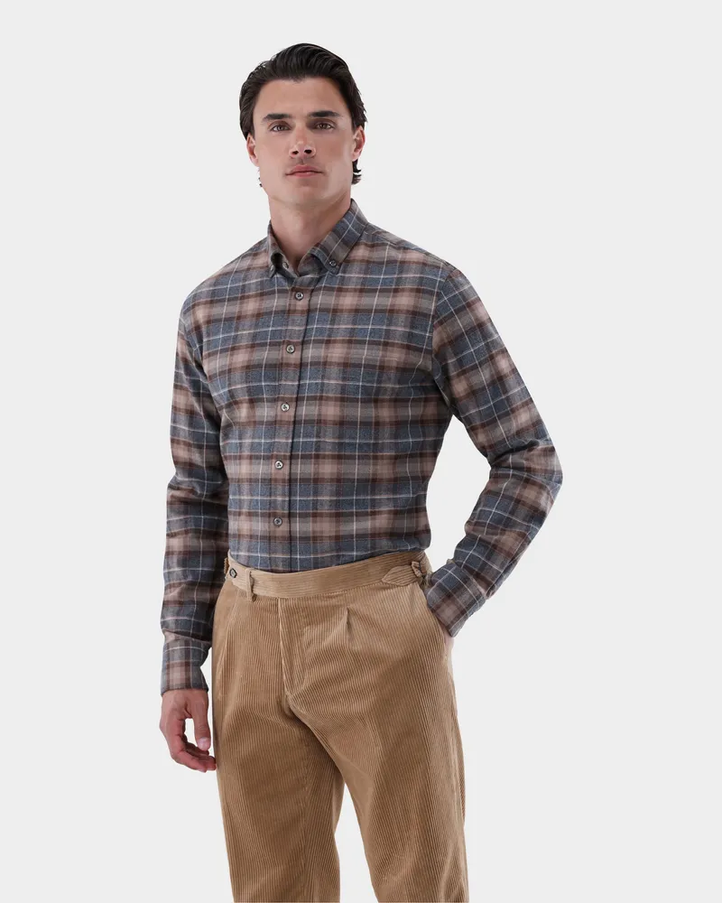 van Laack Flanellhemd mit Button Down Kragen Tailor Fit Beige