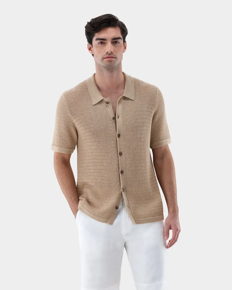 van Laack Häkel-Strickhemd mit Kurzarm aus Kaschmir und Baumwolle Beige