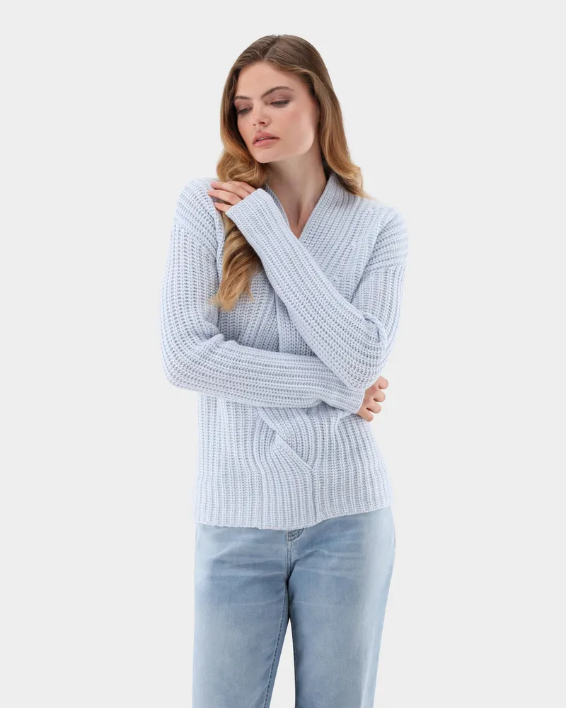 van Laack V-Ausschnitt-Pullover mit Zopfmuster Blau