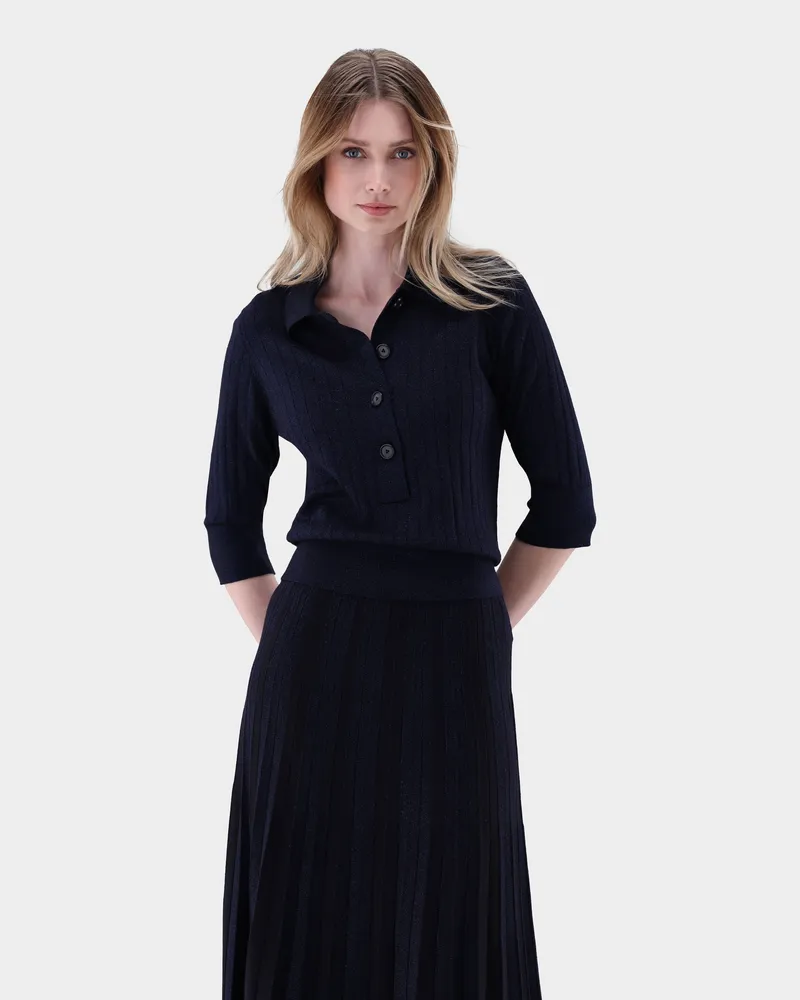 van Laack Polshirt gestrick mit Merino und Lamé Blau