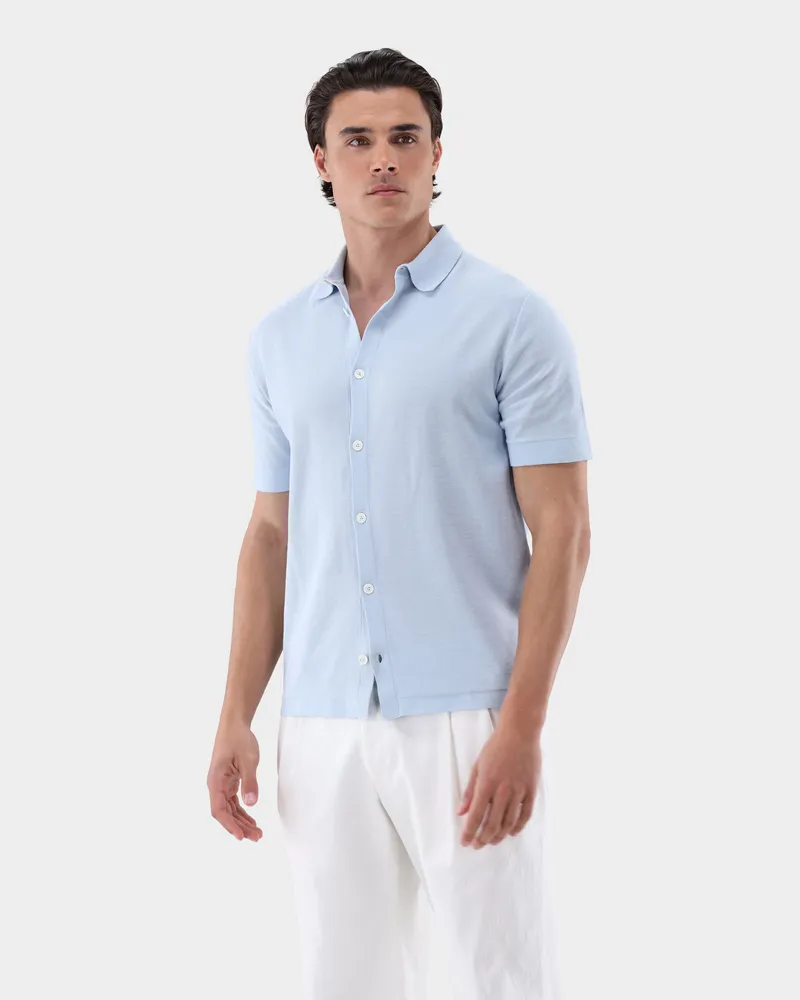van Laack Kurzarm Strick Hemd aus Air Cotton Blau