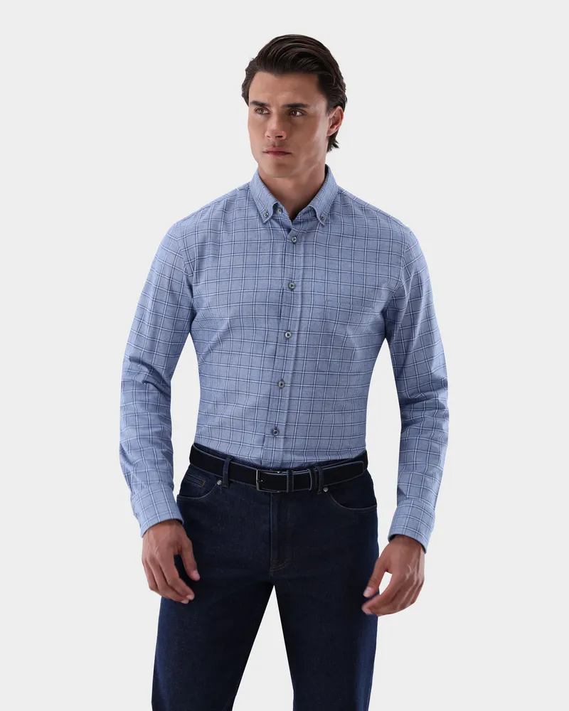 van Laack Flanellhemd mit Karomuster Tailor Fit Blau