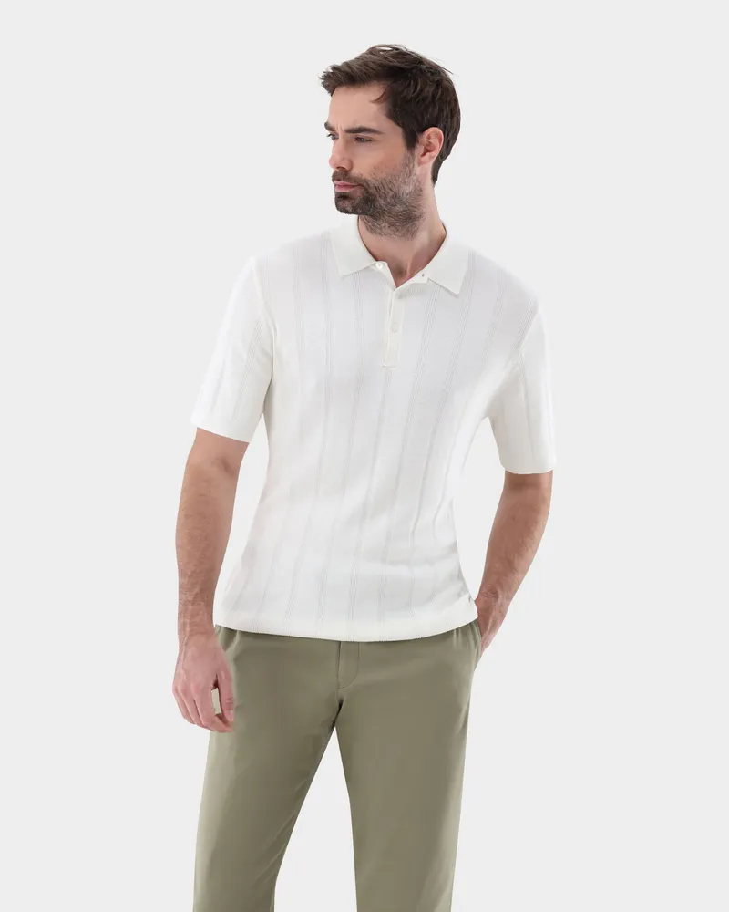 van Laack Strick-Poloshirt mit Jacquard Streifen Cremefarben