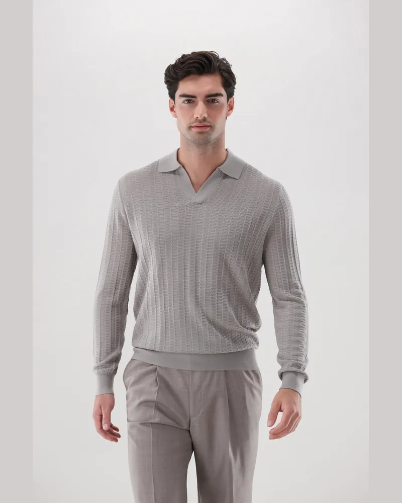 van Laack Strickpolo aus Merino und Seide mit V-Ausschnitt und Struktur Beige