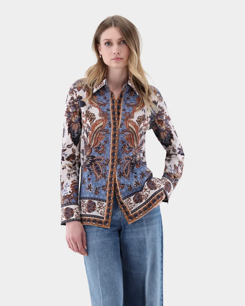 van Laack Hemdbluse mit platziertem Boho-Print Cremefarben