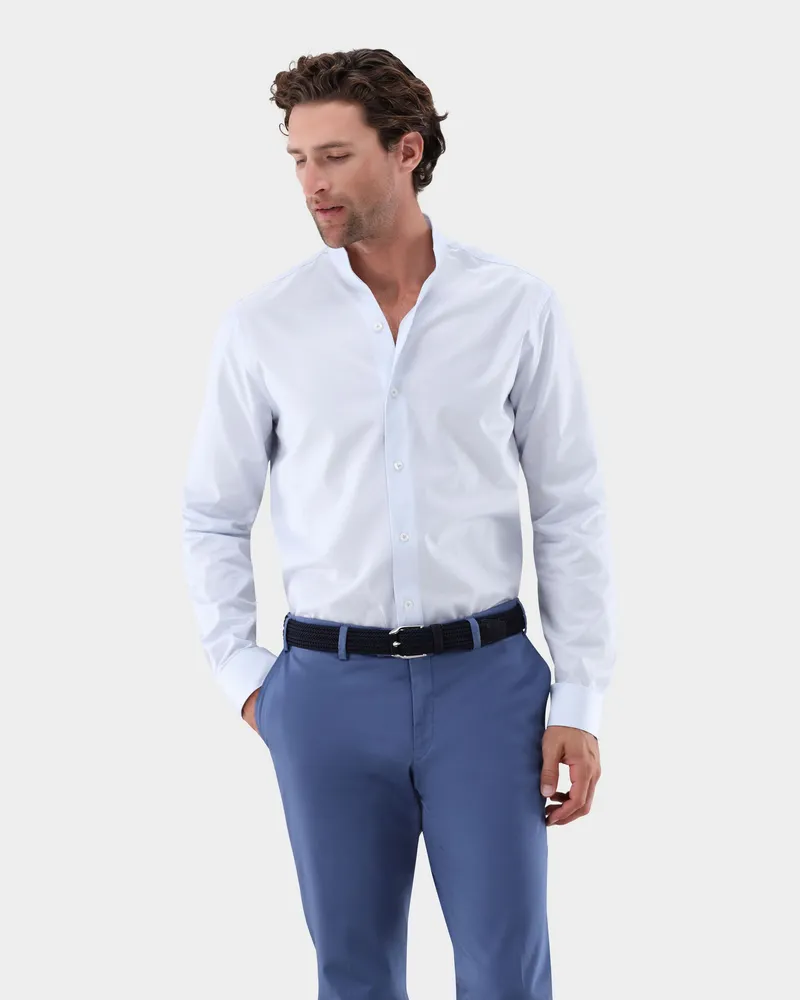 van Laack Stehkragenhemd mit V-Auschnitt aus Twill Blau