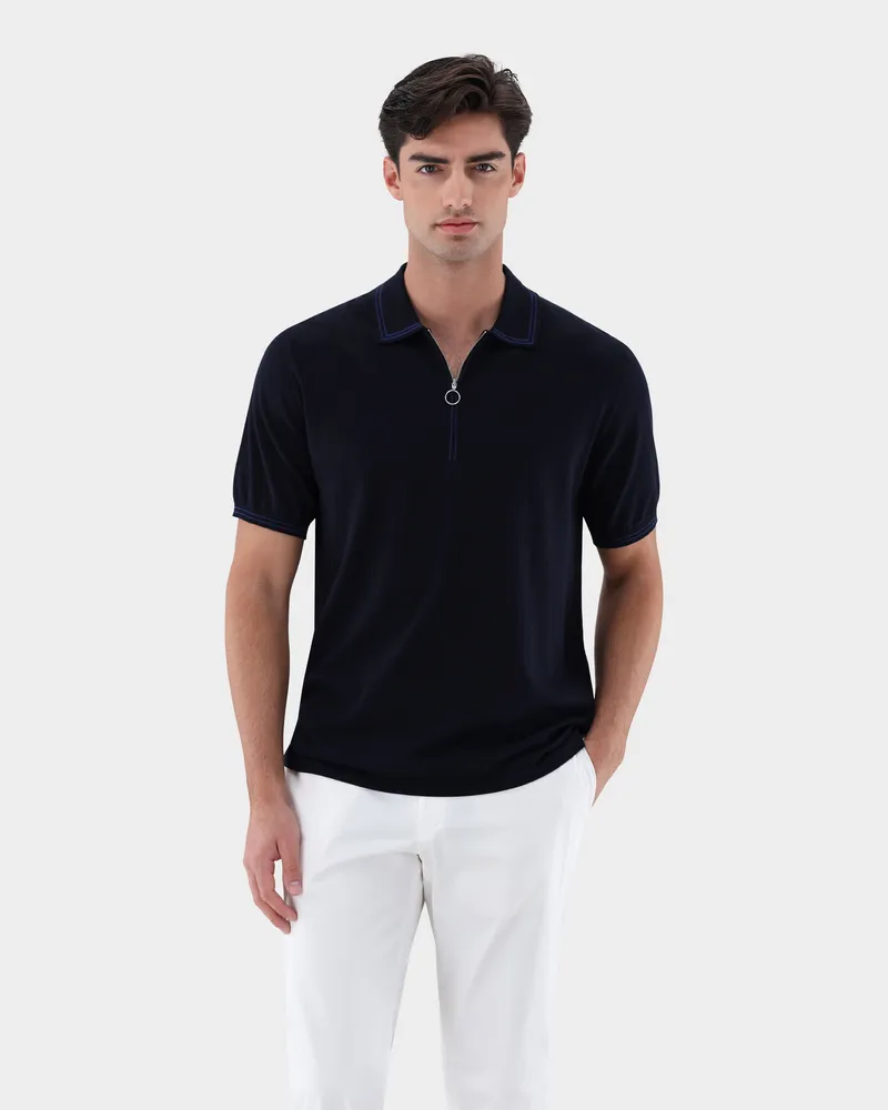 van Laack Strick-Polo mit Reißverschluss aus Air Cotton Blau