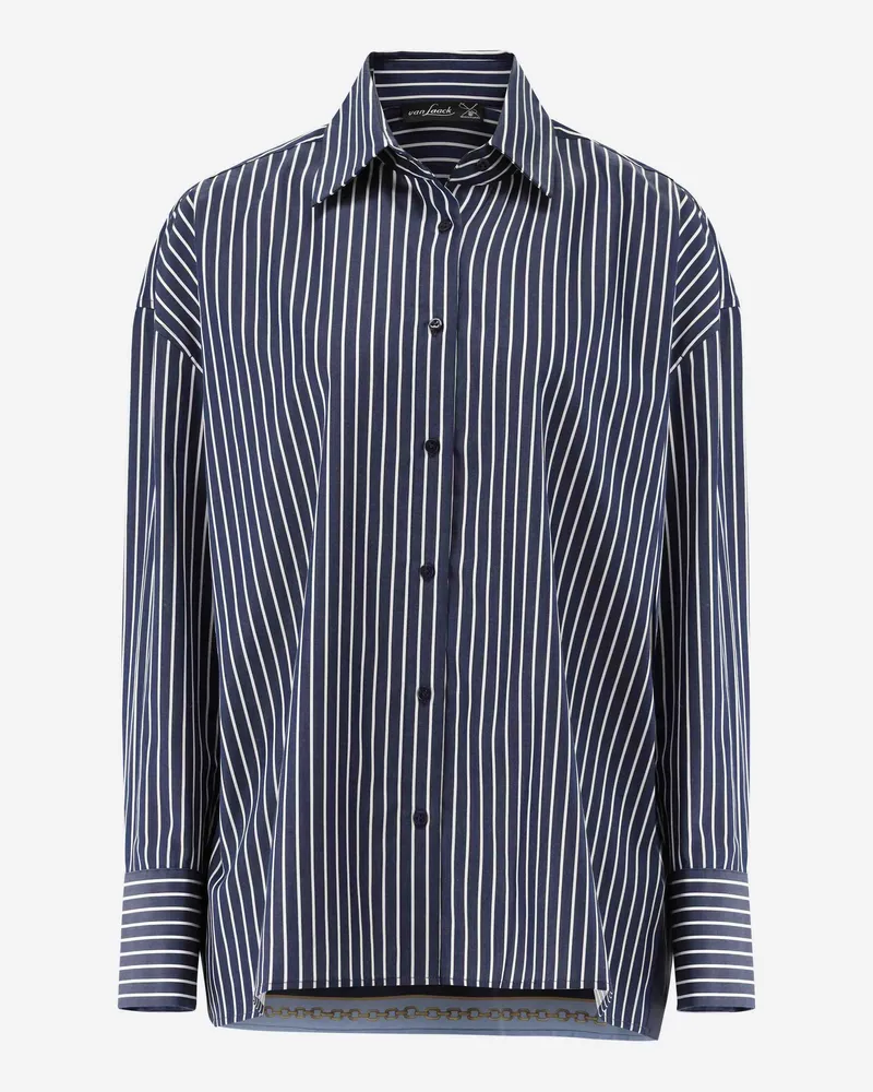 van Laack Gestreifte Hemdbluse mit bedrucktem Einsatz im Rücken Blau