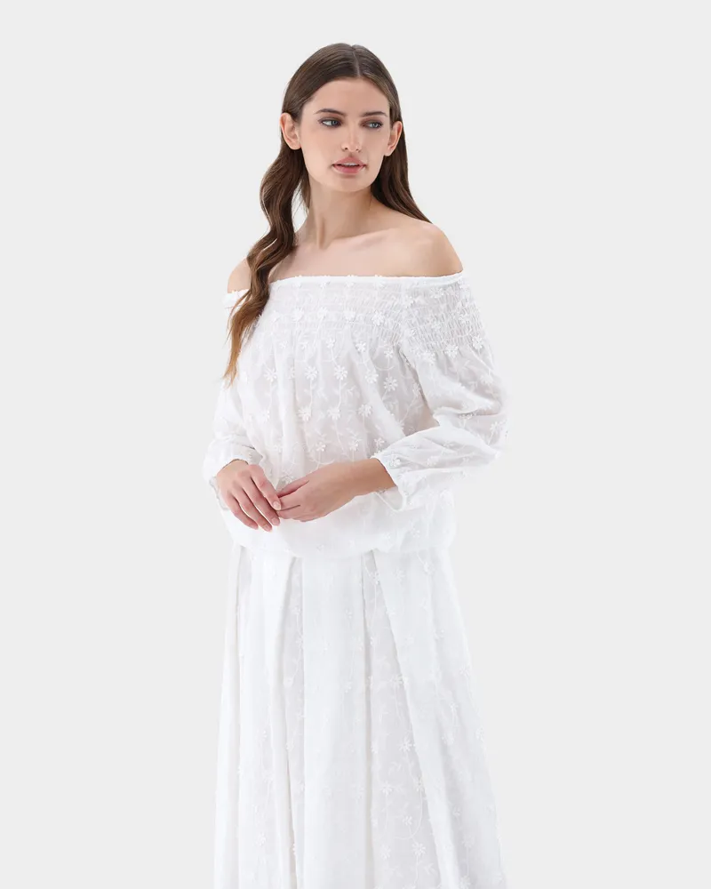 van Laack Schulterfreie Carmen Bluse mit Blumenstickerei Weiß