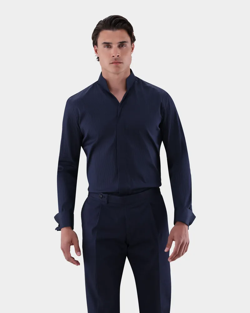 van Laack Hemd mit Doppelmanschette und Stehkragen Blau