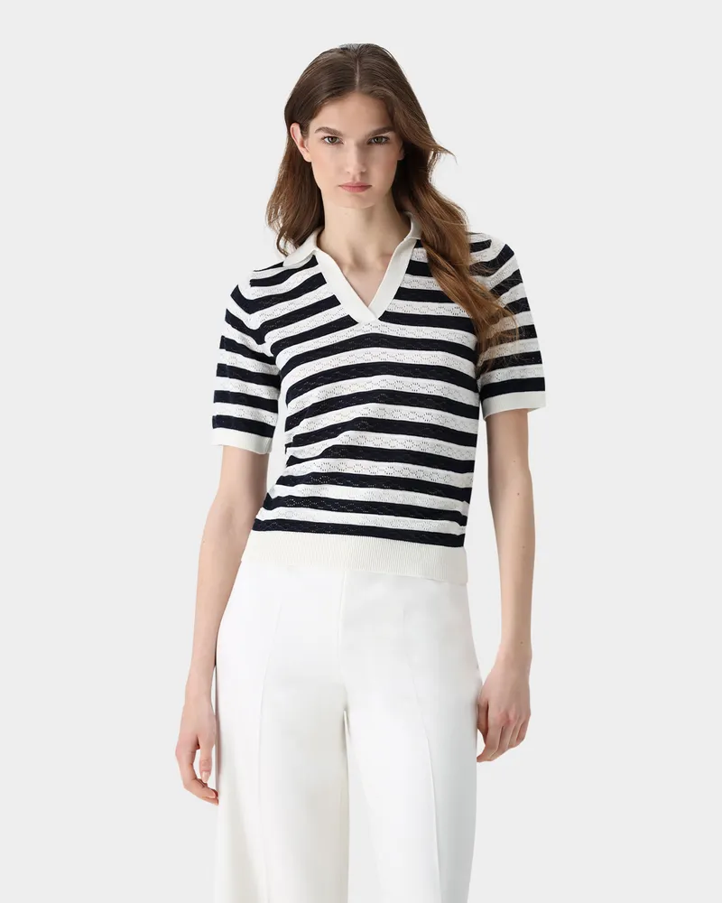 van Laack V-Polo gestreift mit Ajourmuster aus Air Cotton Cremefarben