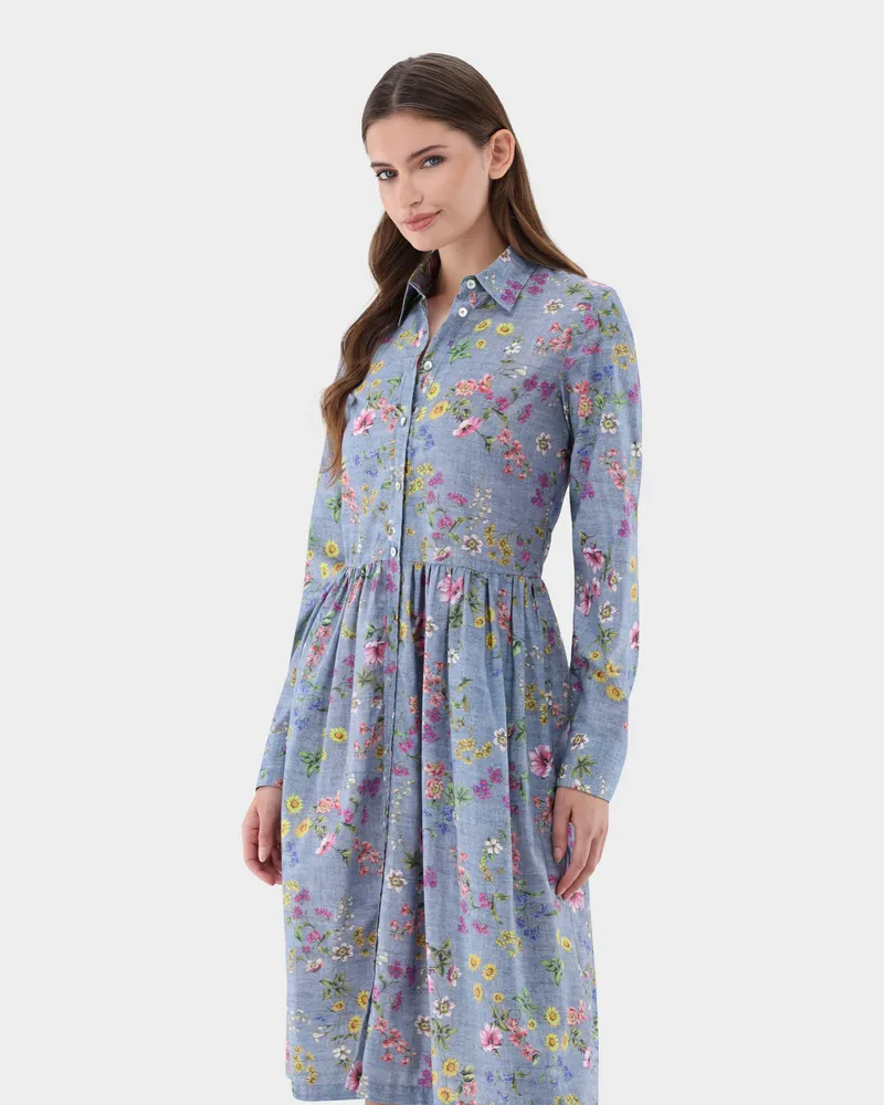 van Laack Midi-Hemdblusenkleid mit Jeans-Blumen-Druck Blau