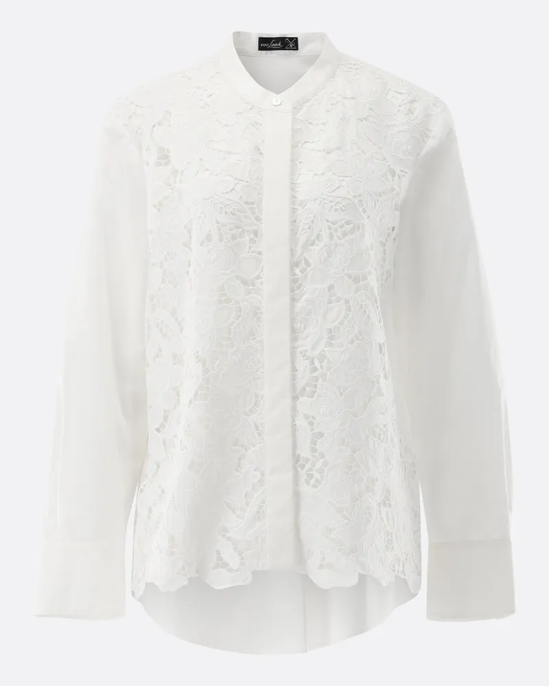 van Laack Stehkragenbluse mit Spitze an der Vorderseite Weiß