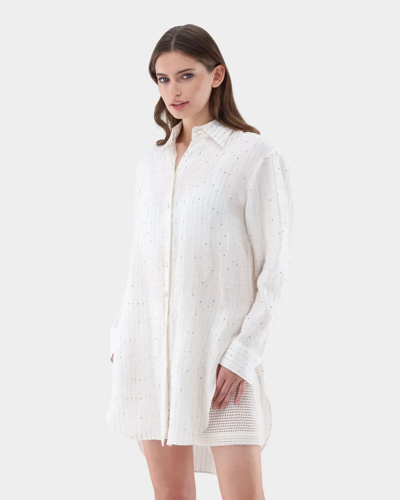 van Laack Loose Fit Hemdbluse mit Pailletten und Stickerei Beige