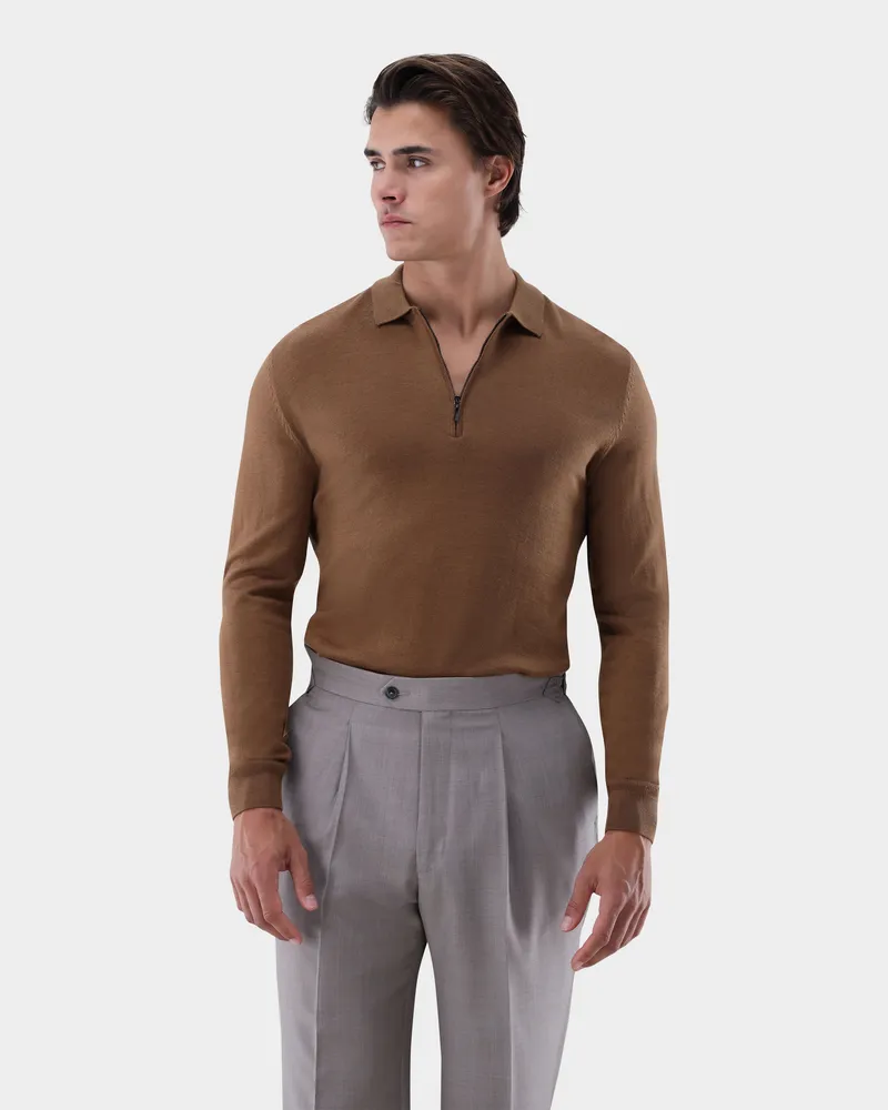 van Laack Poloshirt Langarm mit Reißverschluss aus merzerisierter Wolle Beige