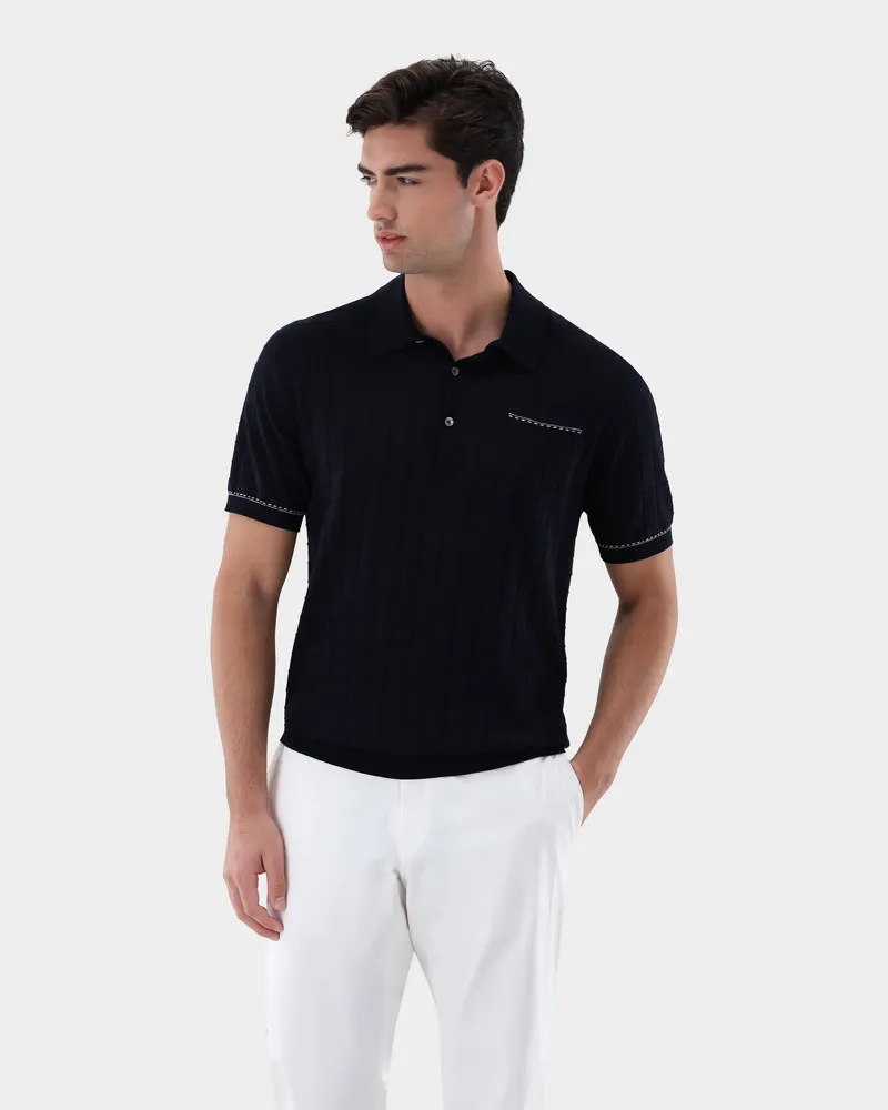 van Laack Strick Poloshirt mit Jacquard Karomuster Blau