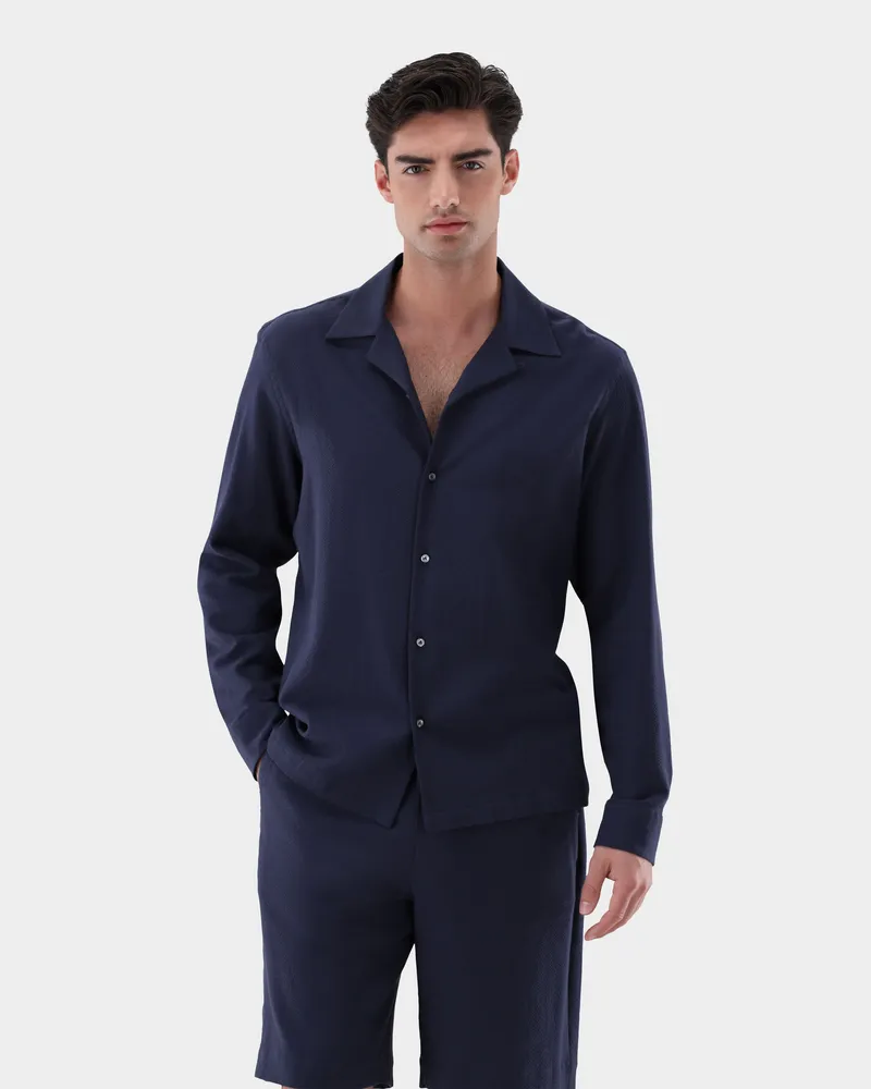 van Laack Seersucker-Hemd mit Reverskragen Blau