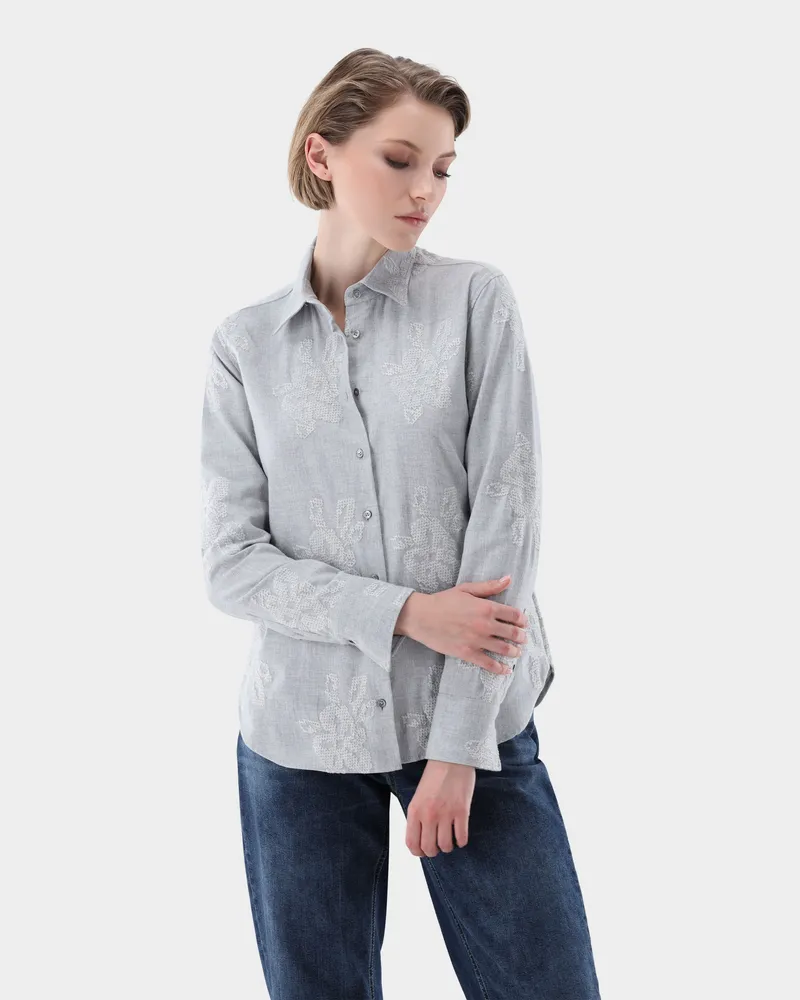 van Laack Flanellbluse mit Stickereien Grau