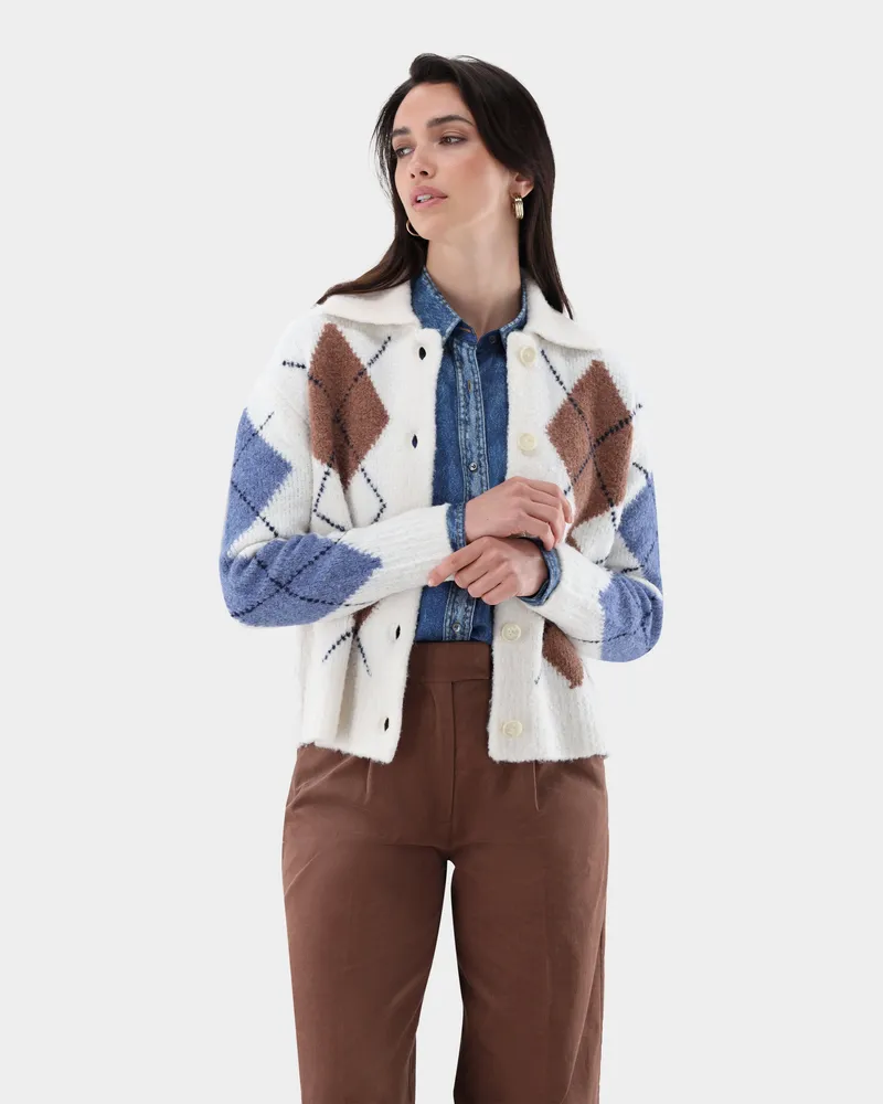 van Laack Gestrickte Jacke mit Argyle-Muster Cremefarben
