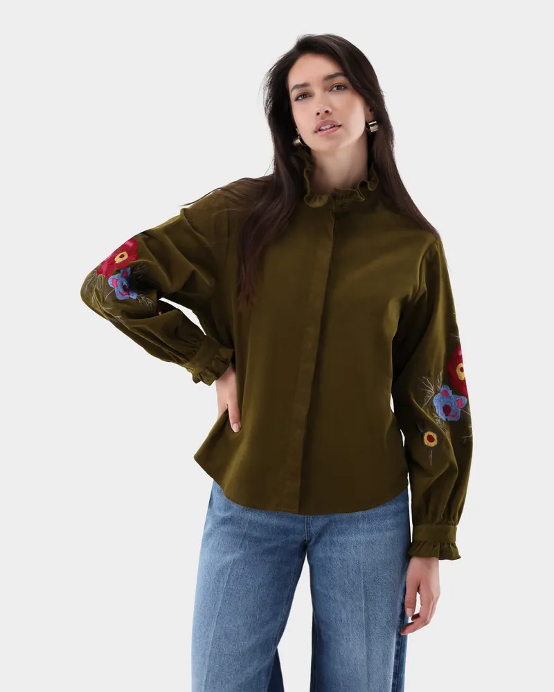van Laack Bluse mit Bestickten Ärmeln und Rüschenkragen Grün