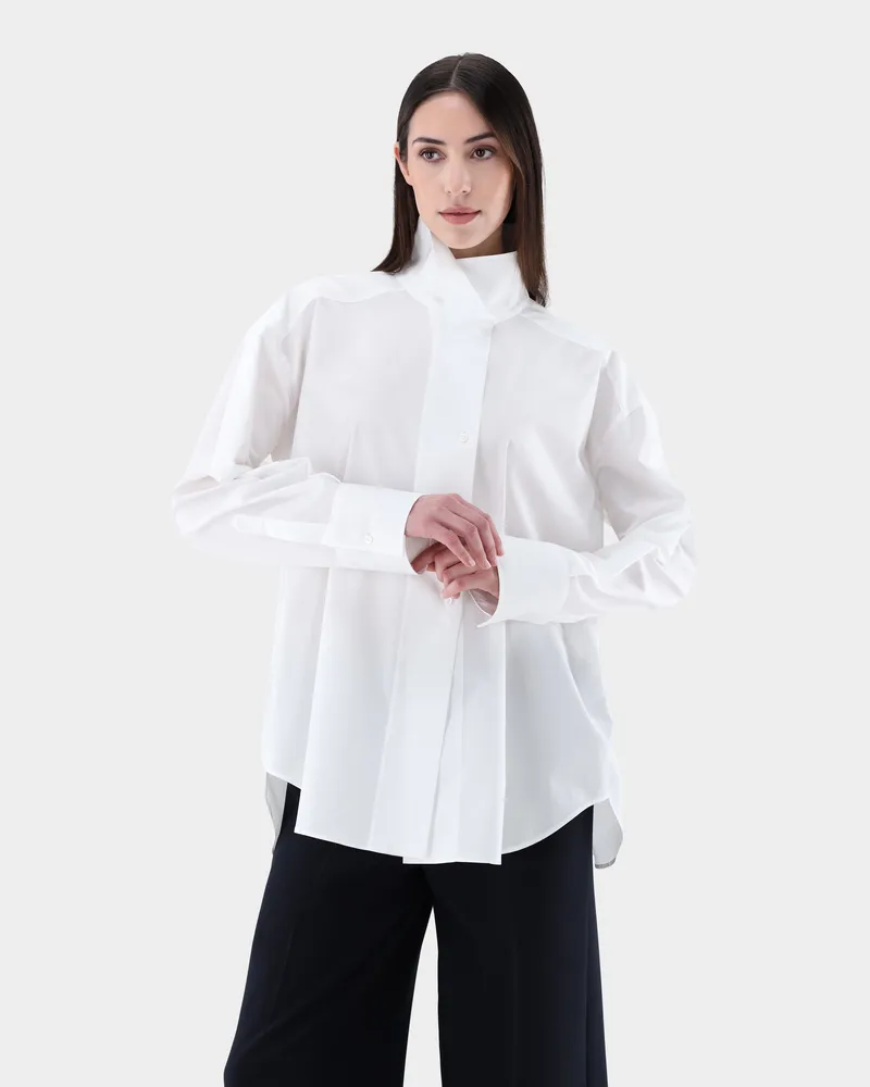 van Laack Lockere Popeline-Bluse mit hohem Stehkragen Weiß
