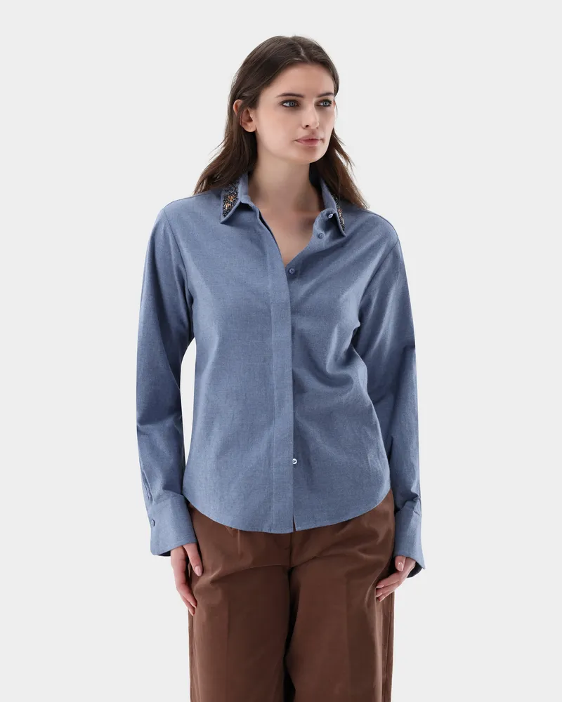 van Laack Flanellbluse mit Details am Kragen Blau