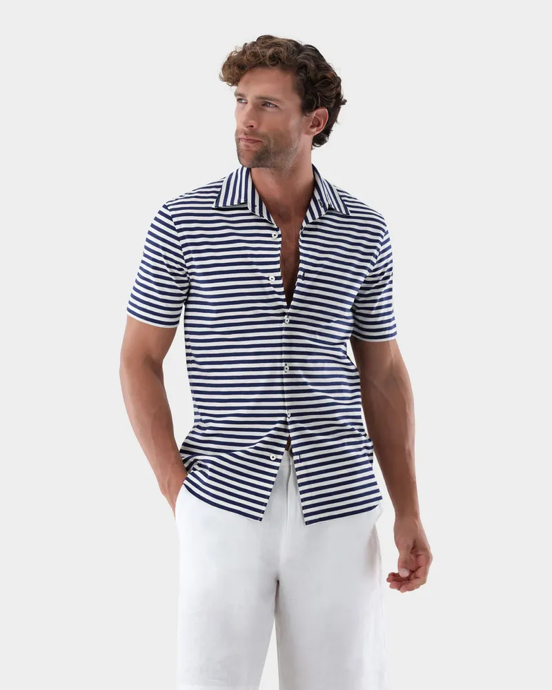 van Laack Kurzarm Jerseyhemd gestreift aus Giza-Baumwolle Blau