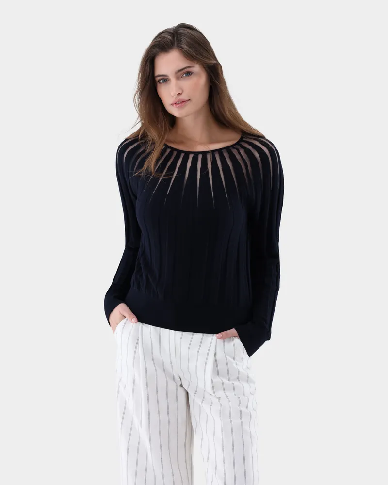 van Laack Rundhalspullover mit transparenten Details Blau