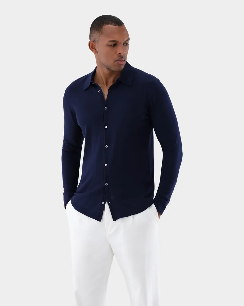 van Laack Strick Hemd aus Air Cotton Blau
