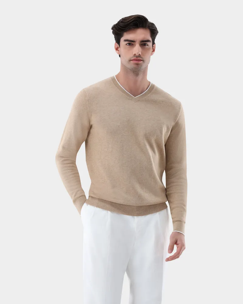 van Laack Pullover mit V-Ausschnitt mit Kaschmir und Baumwolle Beige