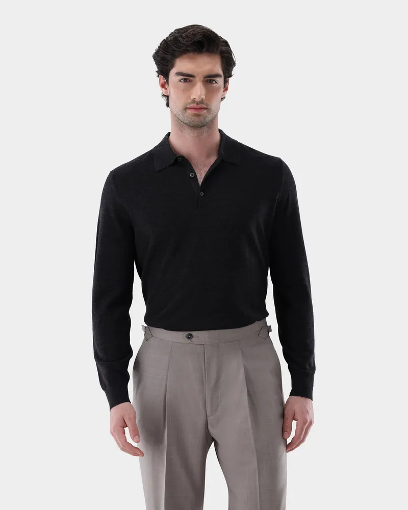 van Laack Poloshirt gestrickt mit Langarm und Reiskorn-Struktur Grau