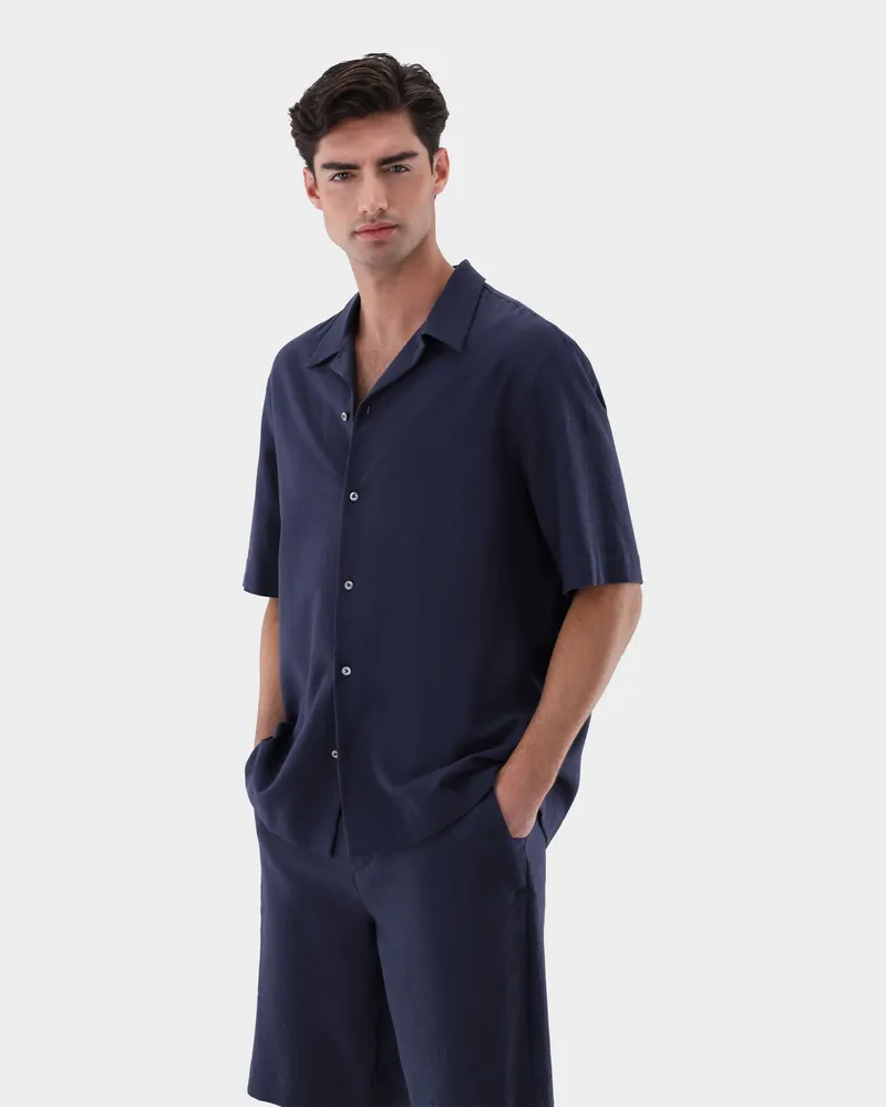 van Laack Kurzarm Hemd aus Baumwoll-Seersucker Blau
